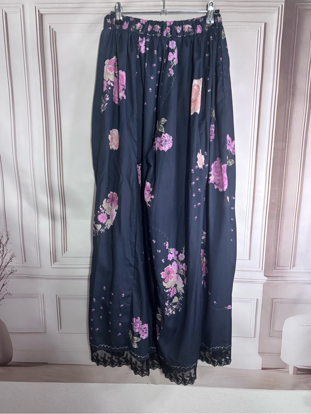 Floral Navy Pants with Pink Blooms - Picture 4 of 5